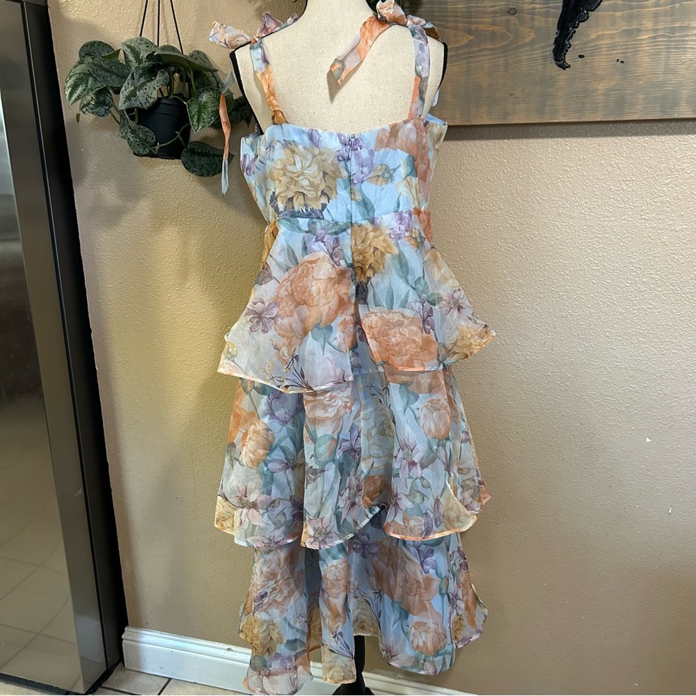 Lulu's Pastel Floral Tiered Midi Dress with Bow Straps - Picture 4 of 10